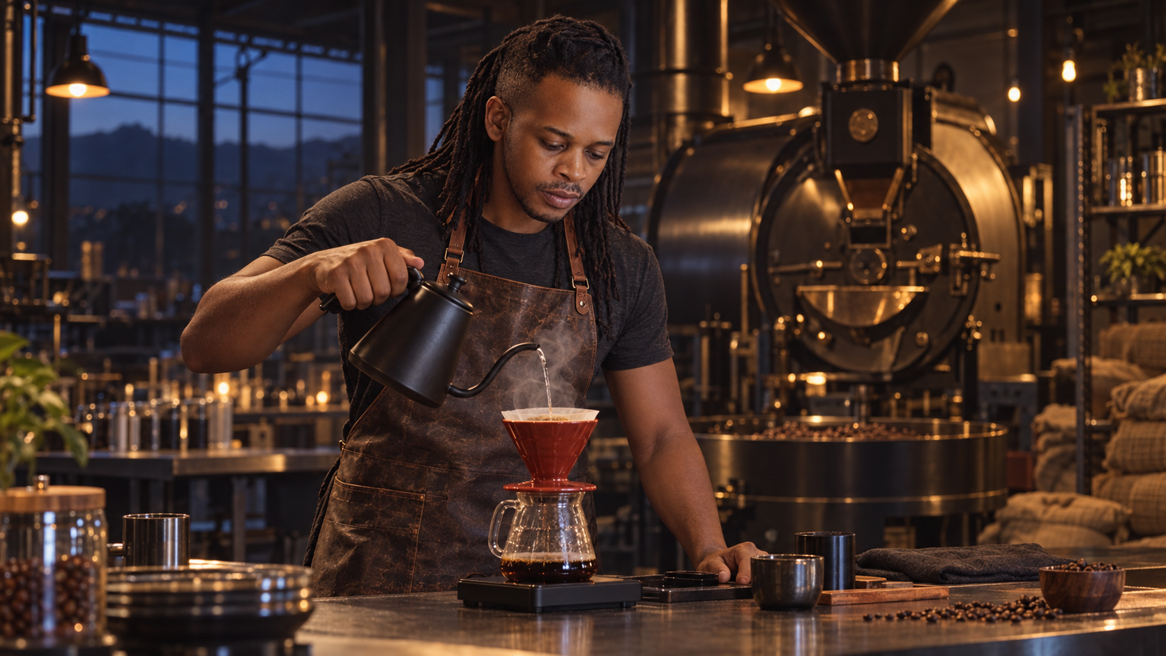 A barista pouring water over a brew at the Punk Coffee roastery